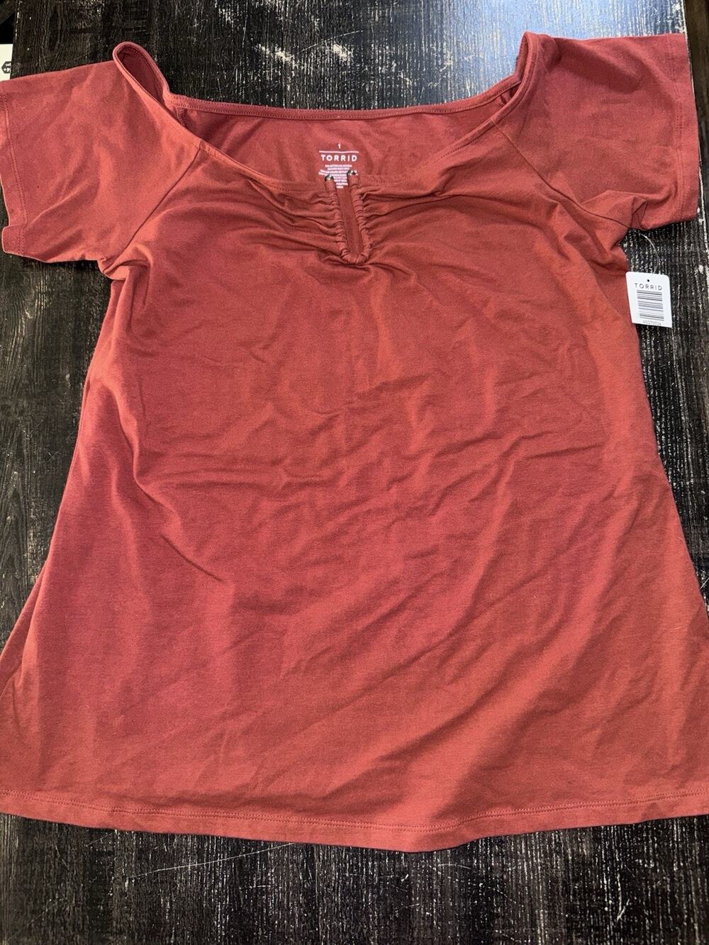 1X NWT Torrid Blouse Women Orange Brownish U Bar Off Shoulder Foxy Top Stretch